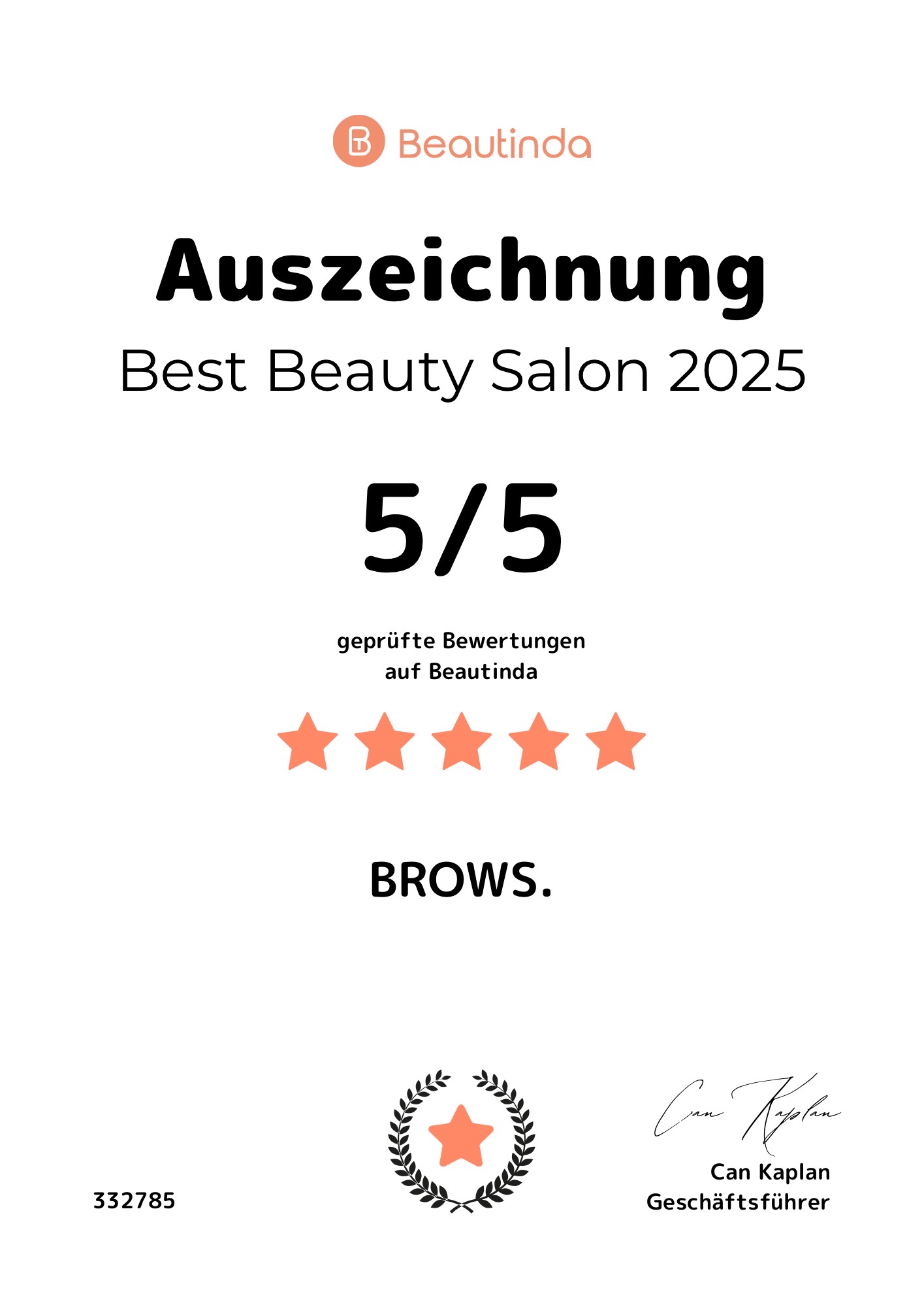Beautinda-Auszeichnung: 5 von 5 geprüften Bewertungen für BROWS.