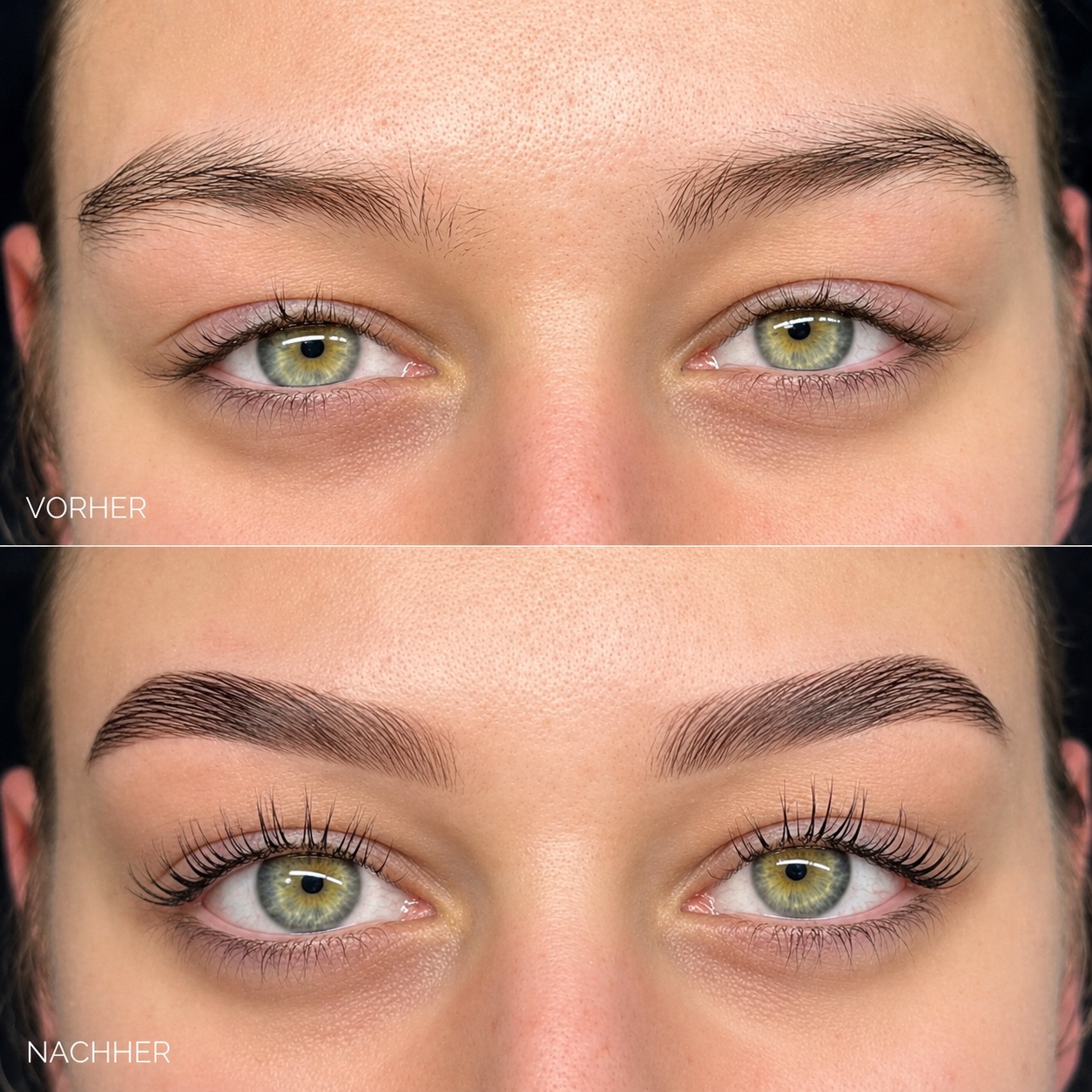 Vorher und Nachher: Augenbrauen und Wimpern vor und nach dem Lifting bei BROWS. Hamburg
